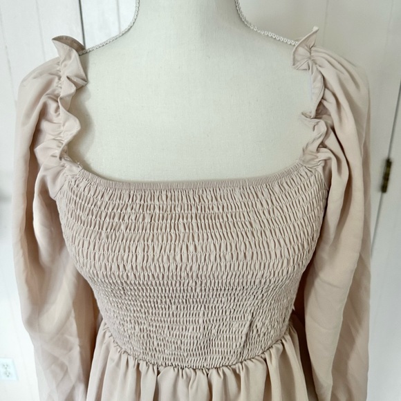 SHEIN Ruffle Long Puff Sleeve Beige Dress Off White Fall Neutral Boho Short - Picture 6 of 10